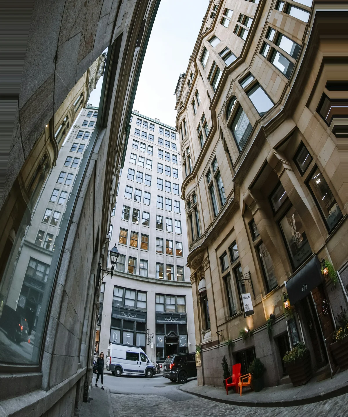 Same building after AI perspective correction with EnhanceCraft — walls upright and lines straight